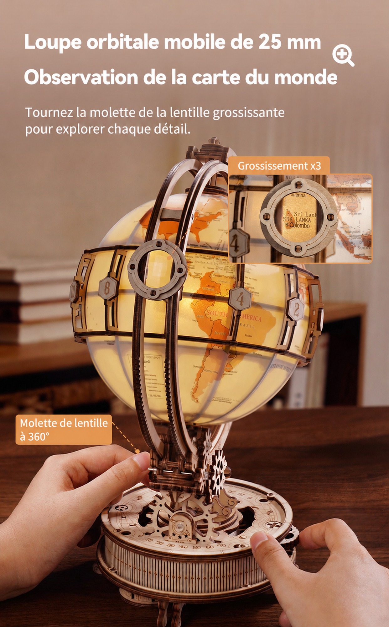 ROKR Globe lumineux - modele 3D en bois version electrique ST003D, visuel de detail 3