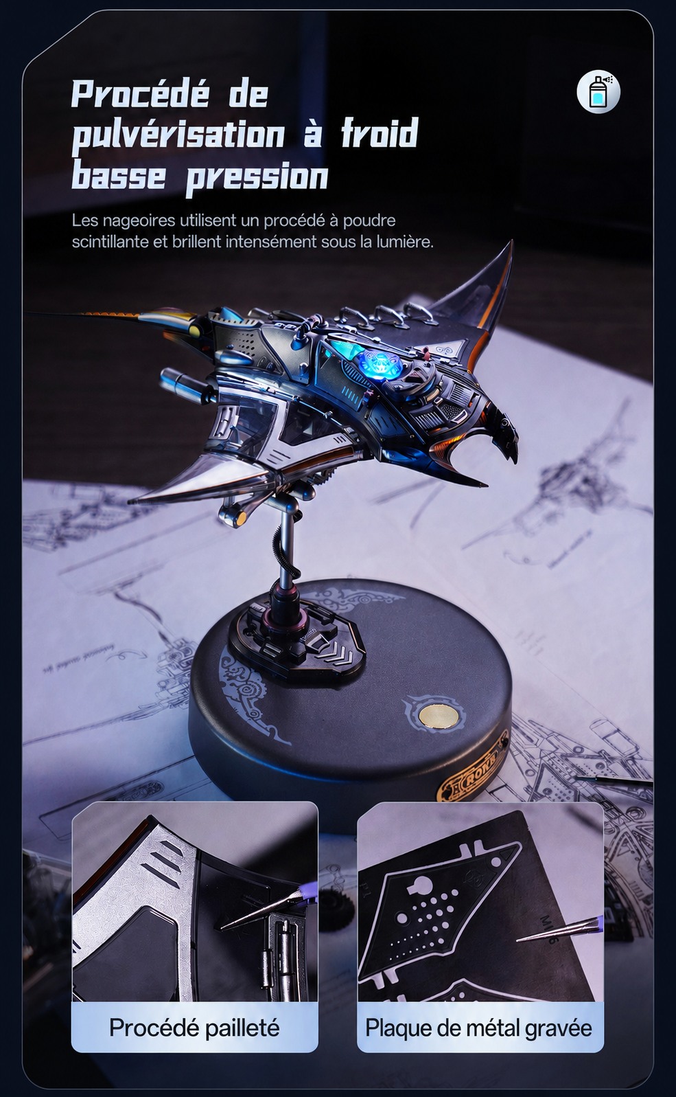 Manta Ray low-pressure cold spray process avec glitter et metal etched sheet