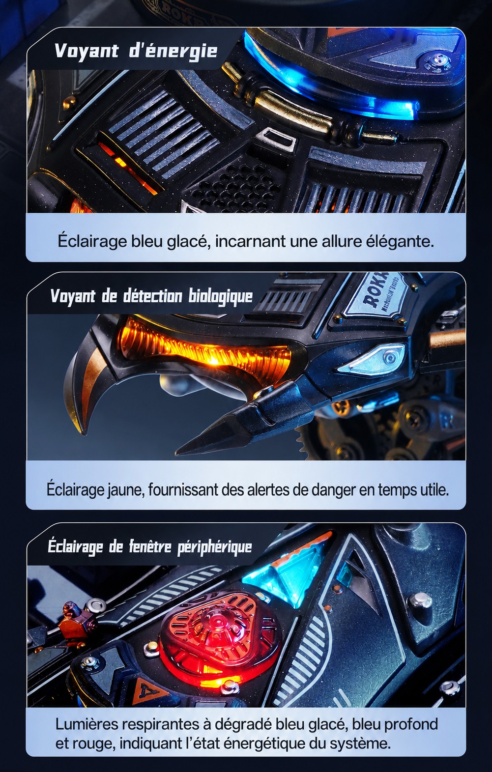 Manta Ray energy indicator lights avec ice blue, biological, et beacon lighting