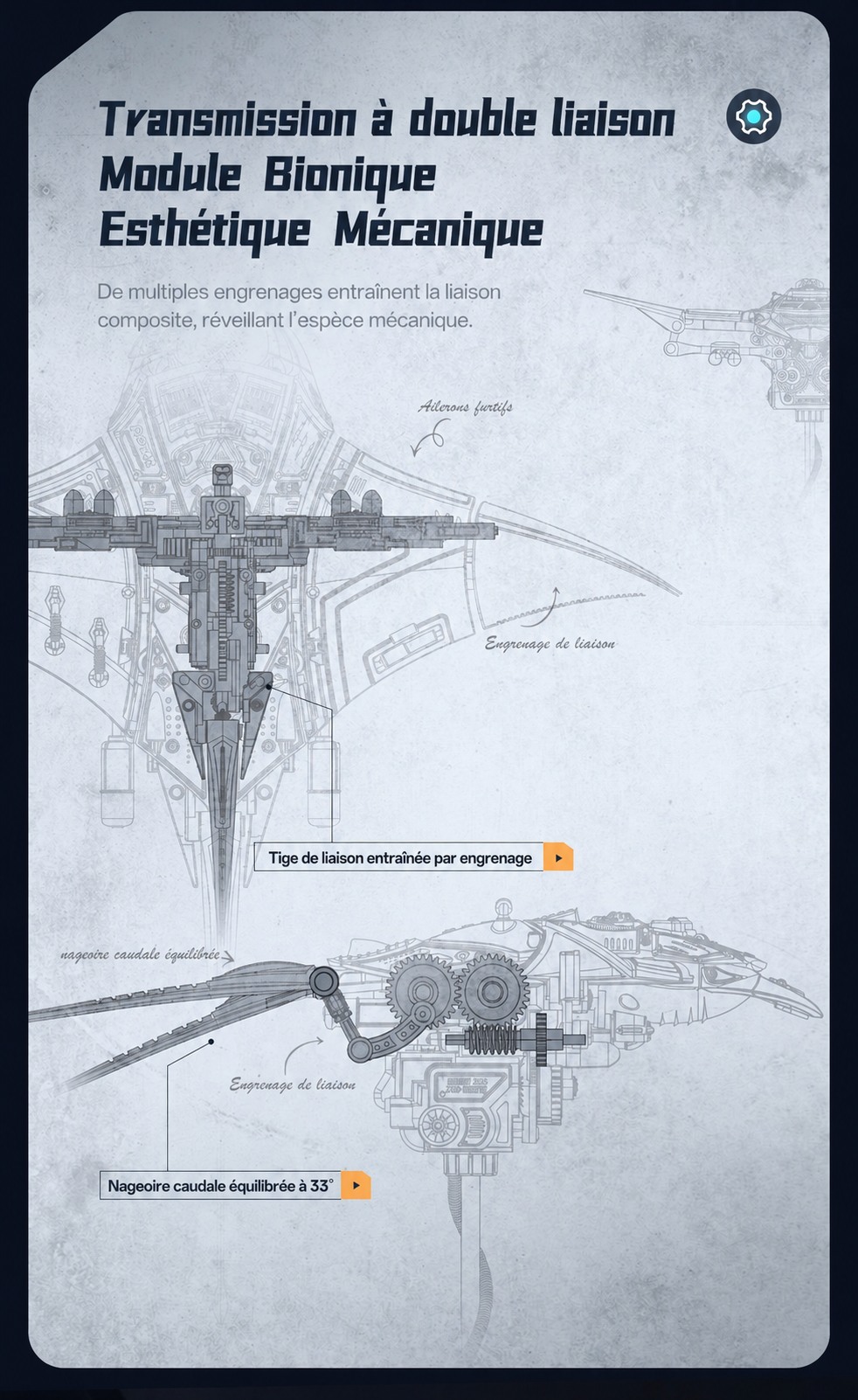 Manta Ray dual-link transmission et modular mechanical aesthetics diagram