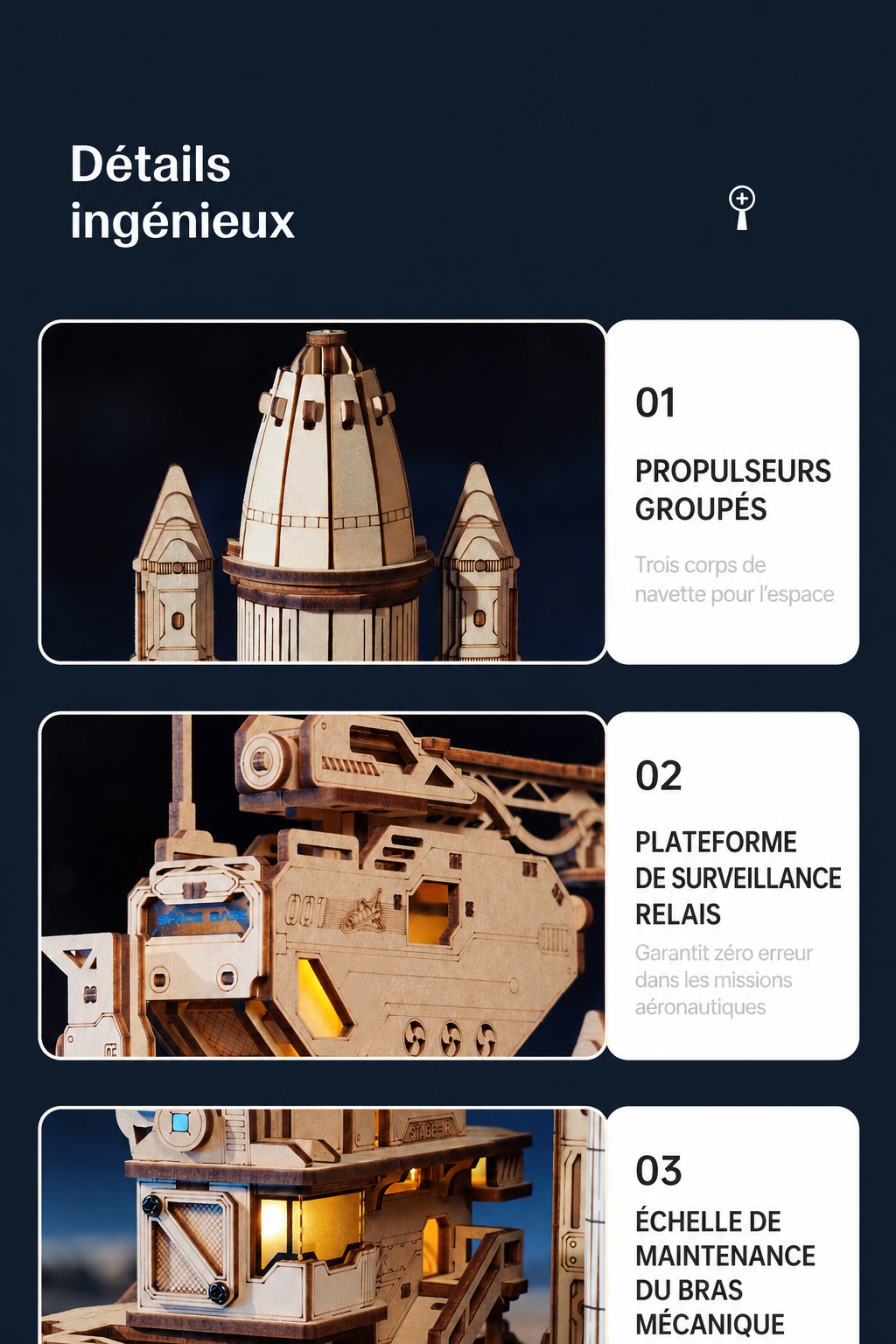 Space Shuttle ingenious details showing clustered thrusters, monitoring platform, arm ladder, and base