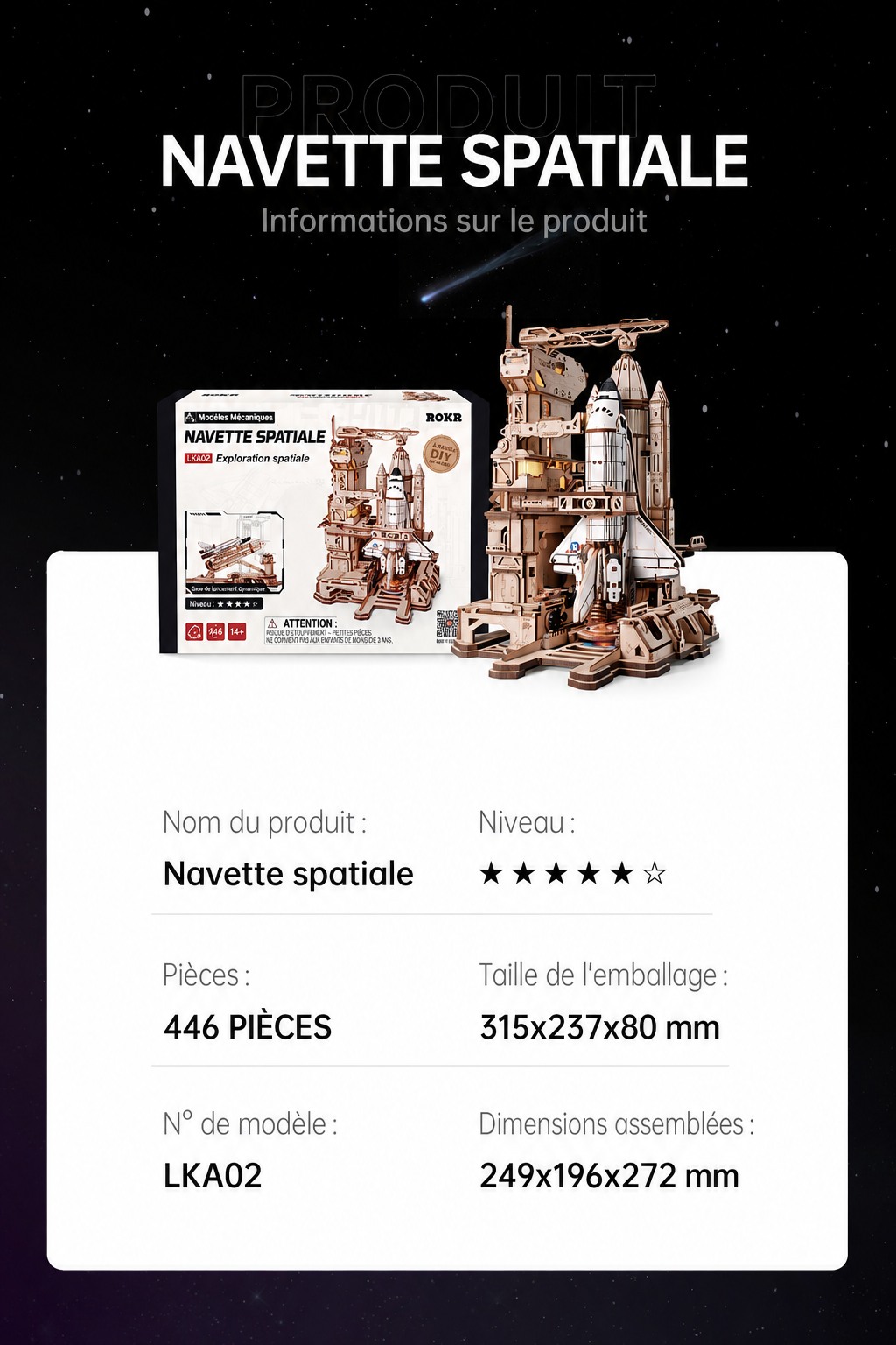 Space Shuttle LKA02 product information with 446 pieces, 316x237x280mm assembled size, and 245x76x223mm package