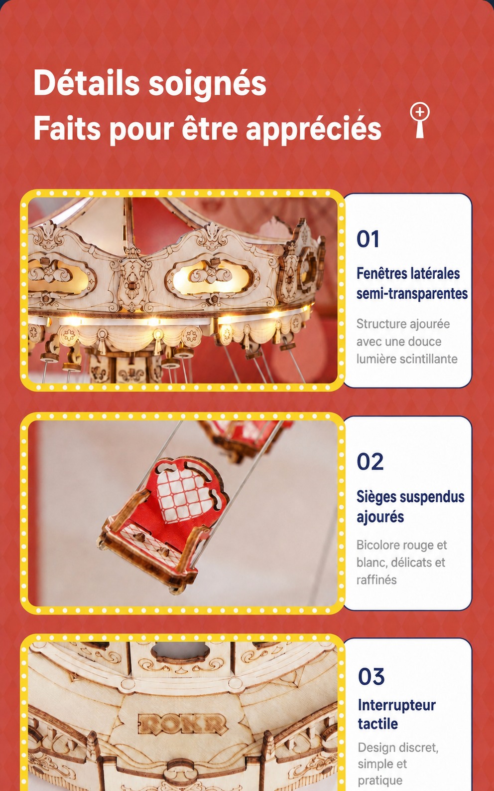 ROKR Swing Ride - boite a musique puzzle 3D en bois EA02, emballage et presentation du produit