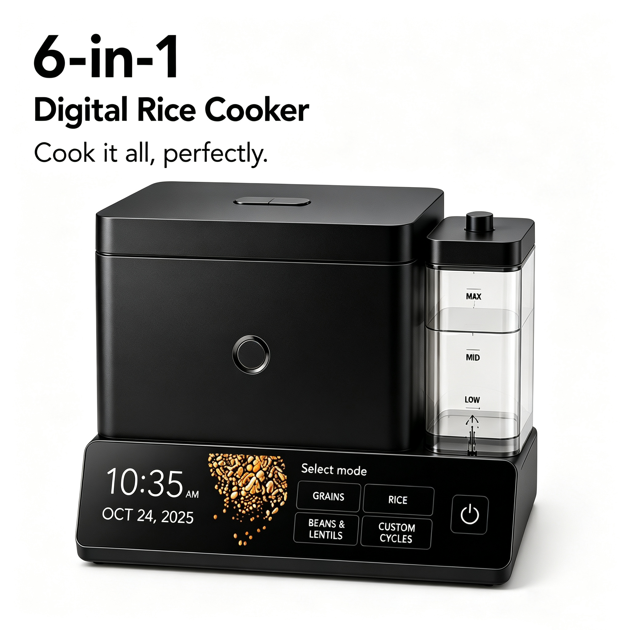 Cup Grain and Rice Cooker, Integrated Scale, Black Matte | Automatically Sensing Grain-to-Liquid Ratio, Removable Steamer Basket, Water tank, 21 Preset Cooking Options,