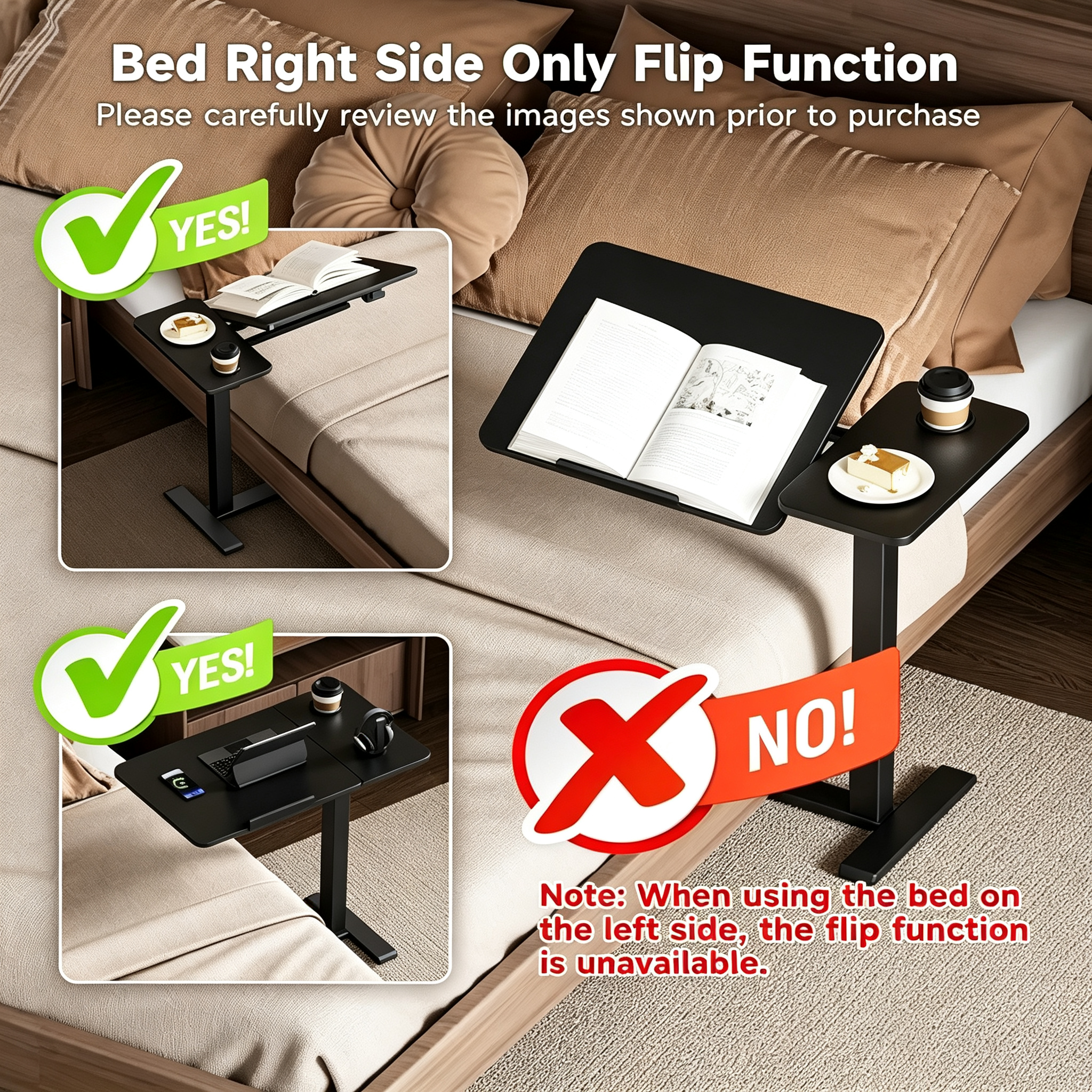 Overbed Bedside Table with Hidden Wheels