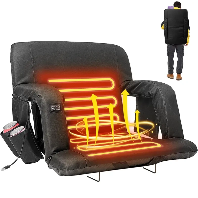 Unisex Warm Heated Stadium Seat with Back & Arm Support, 3-Level Temperature Control, 6 Recline Positions, Secure Straps, Fits Bleachers for Outdoor Sporting Events, Hiking