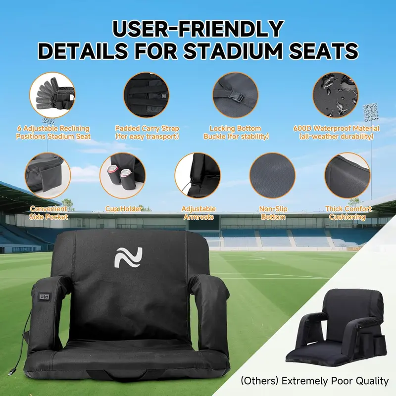 Unisex Warm Heated Stadium Seat with Back & Arm Support, 3-Level Temperature Control, 6 Recline Positions, Secure Straps, Fits Bleachers for Outdoor Sporting Events, Hiking