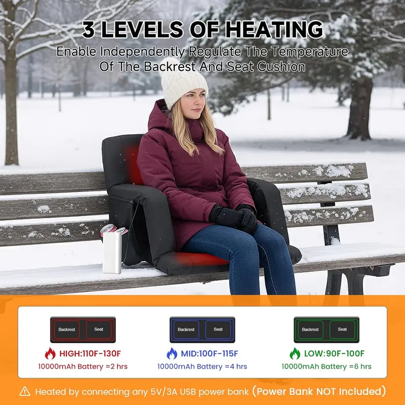 Unisex Warm Heated Stadium Seat with Back & Arm Support, 3-Level Temperature Control, 6 Recline Positions, Secure Straps, Fits Bleachers for Outdoor Sporting Events, Hiking