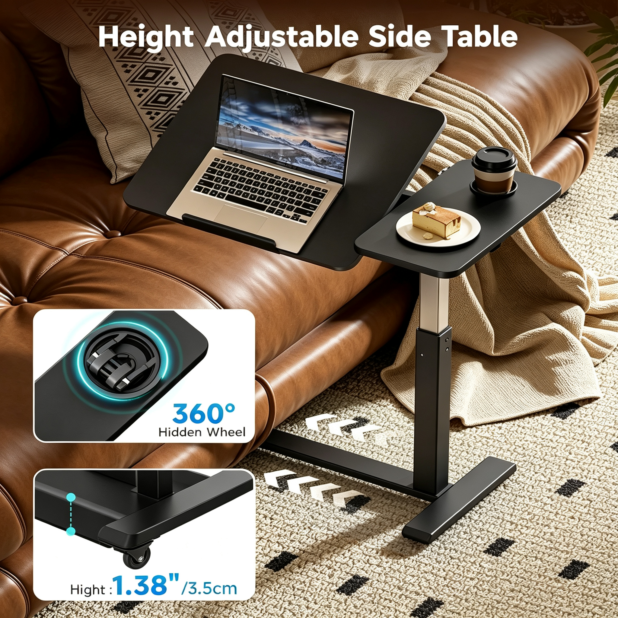 Overbed Bedside Table with Hidden Wheels
