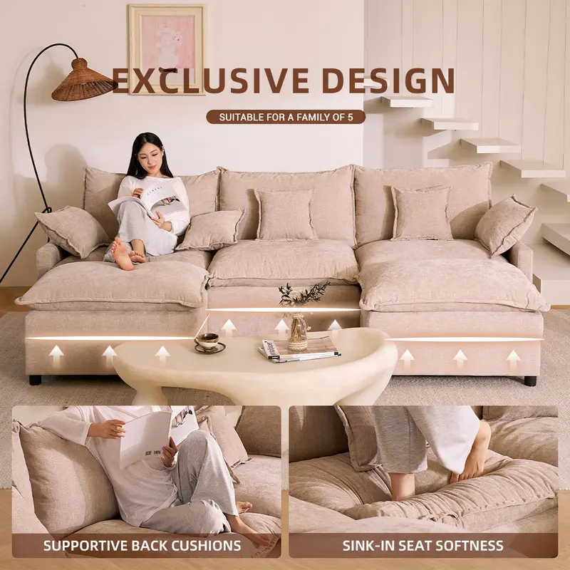 108" U-Shaped Modular Cloud Sofa, 3-Seater Sectional with 2 Movable Ottomans,Deep Seat,Chenille,Linen,SohoChic