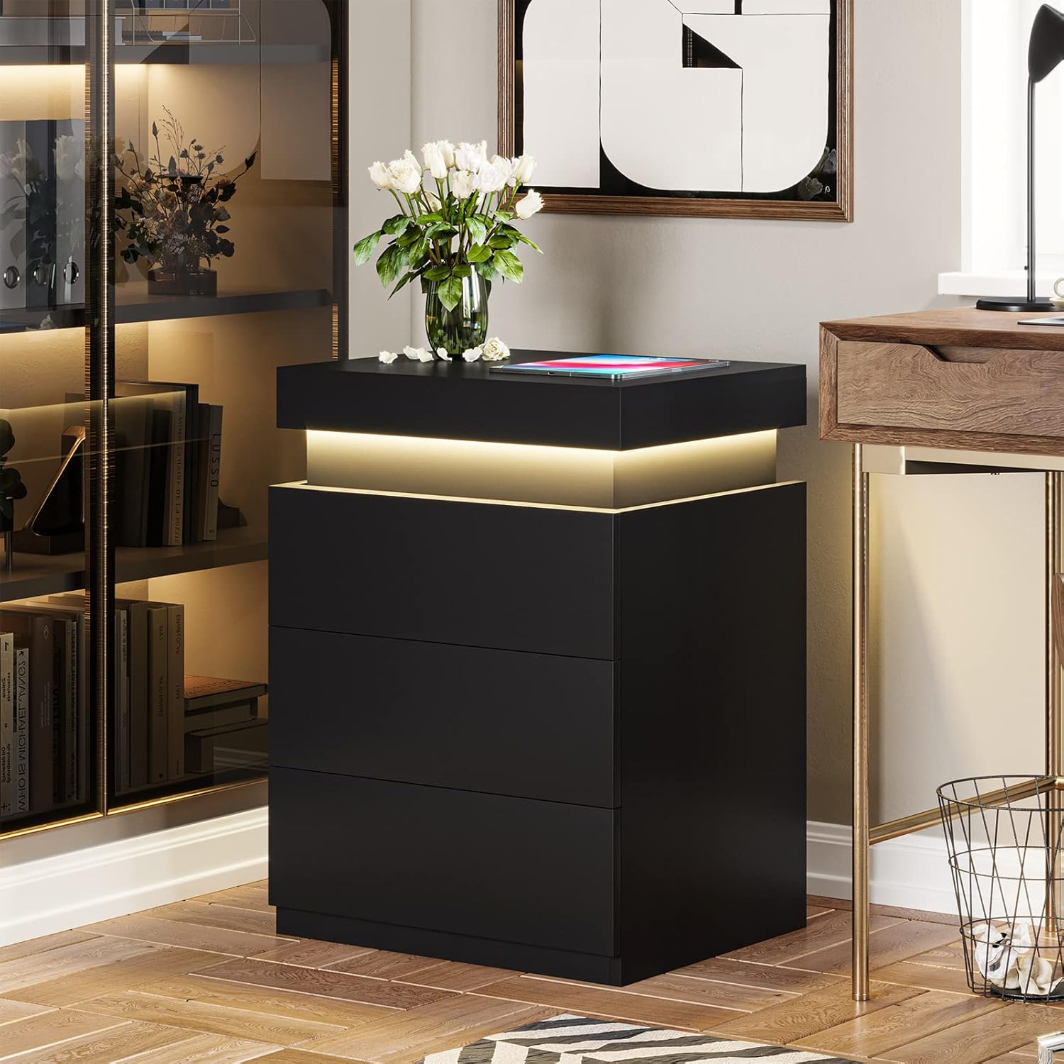 Black Nightstand with Charging Station and LED Lights | Modern Night Stand with Sliding Top,Bedside Table with Drawers,Bed Side Tables Bedroom