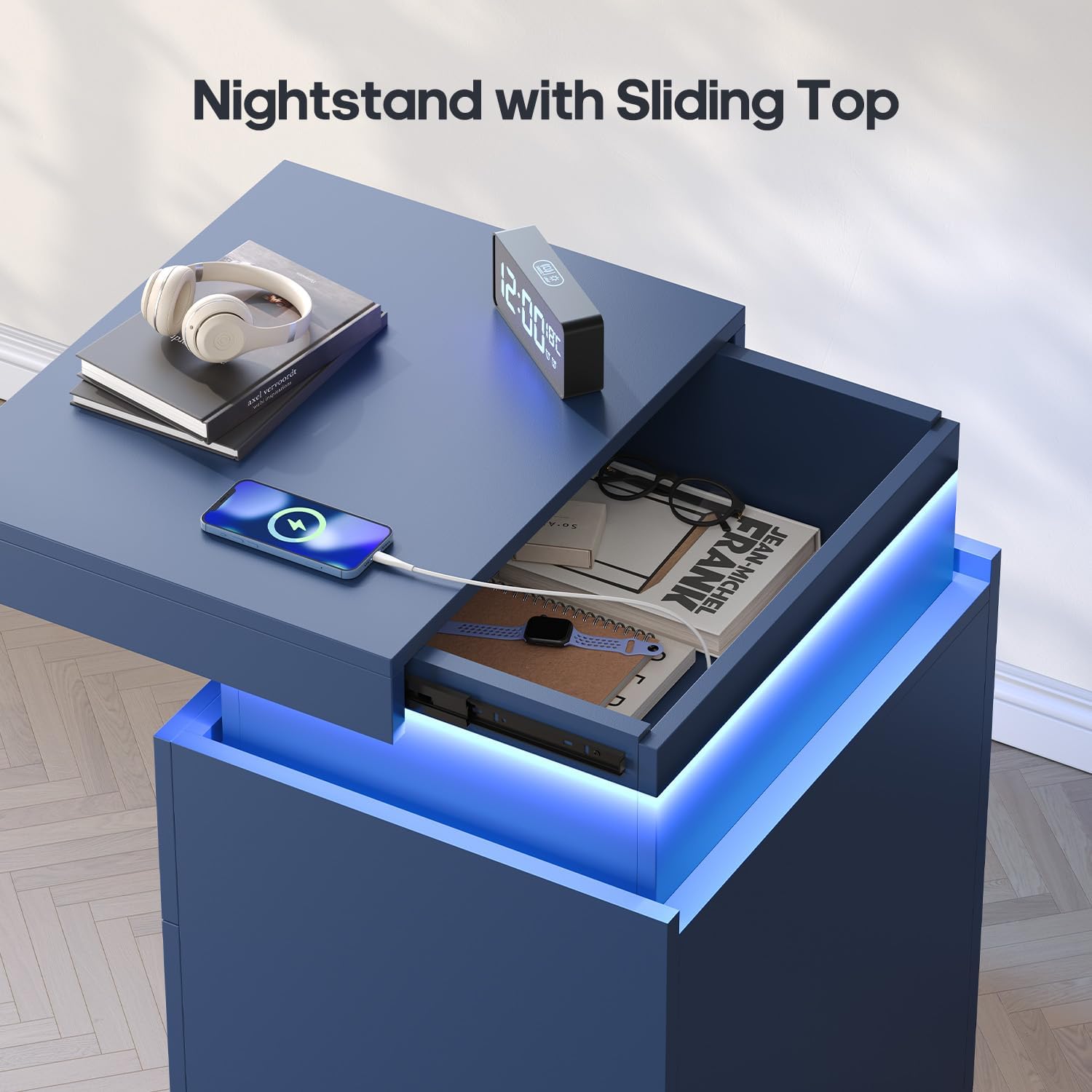 Black Nightstand with Charging Station and LED Lights | Modern Night Stand with Sliding Top,Bedside Table with Drawers,Bed Side Tables Bedroom