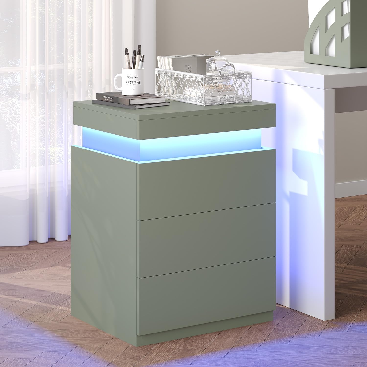 Black Nightstand with Charging Station and LED Lights | Modern Night Stand with Sliding Top,Bedside Table with Drawers,Bed Side Tables Bedroom