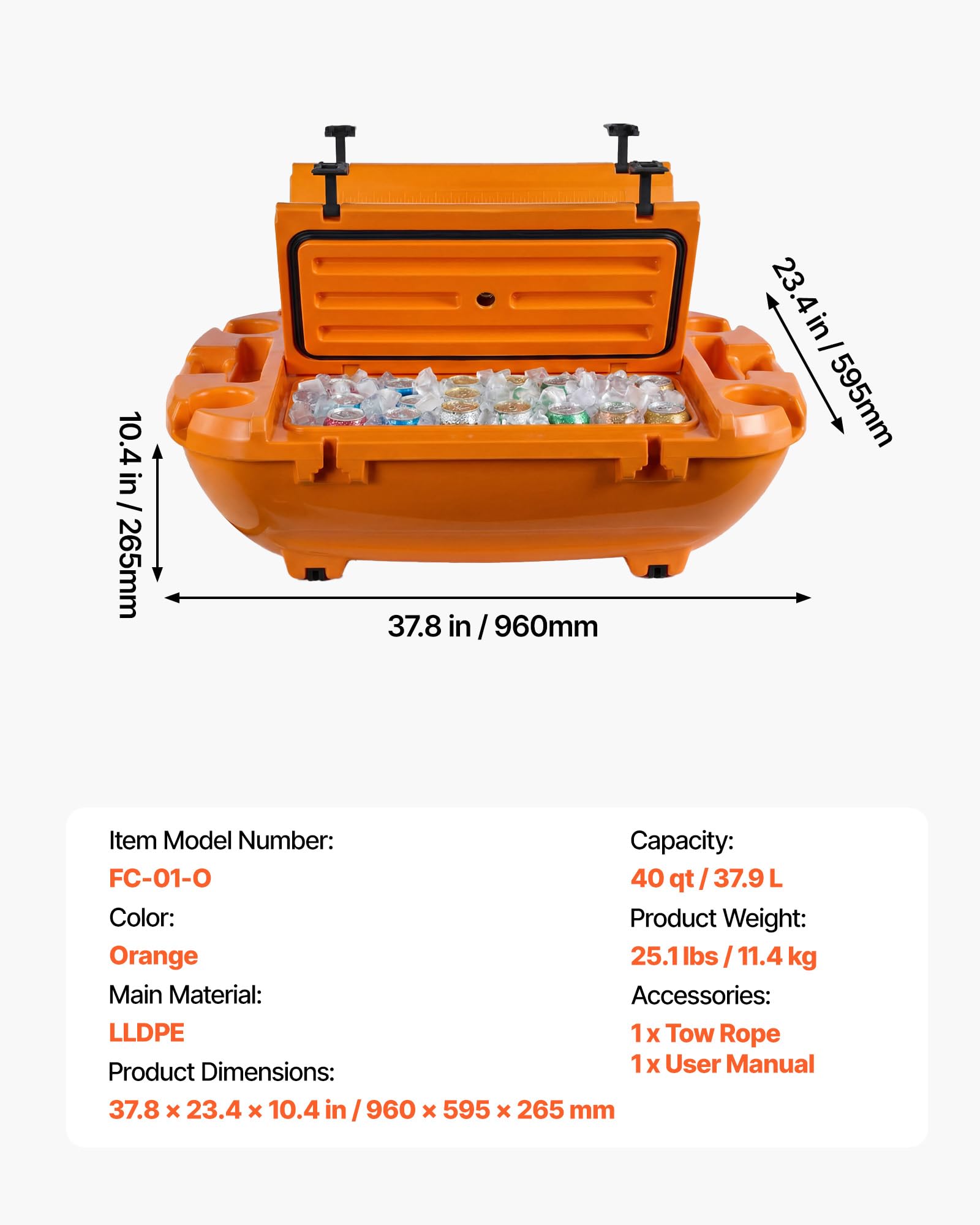 VEVOR Floating Cooler 40 QT Floating Ice Chest with Wheels & Tow Rope, Premium LLDPE Amphibious Beverage Cooler for Water & Land, Stable Cruising on Lake, River, Seashore, Beach, Kayak