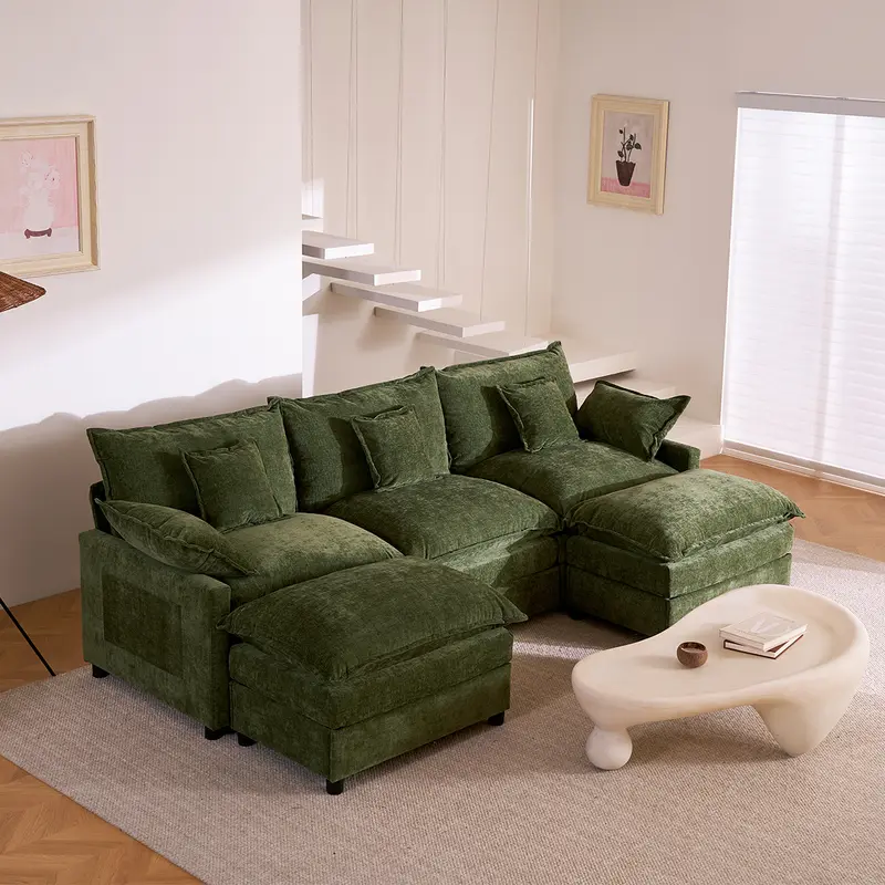 108" U-Shaped Modular Cloud Sofa, 3-Seater Sectional with 2 Movable Ottomans,Deep Seat,Chenille,Linen,SohoChic