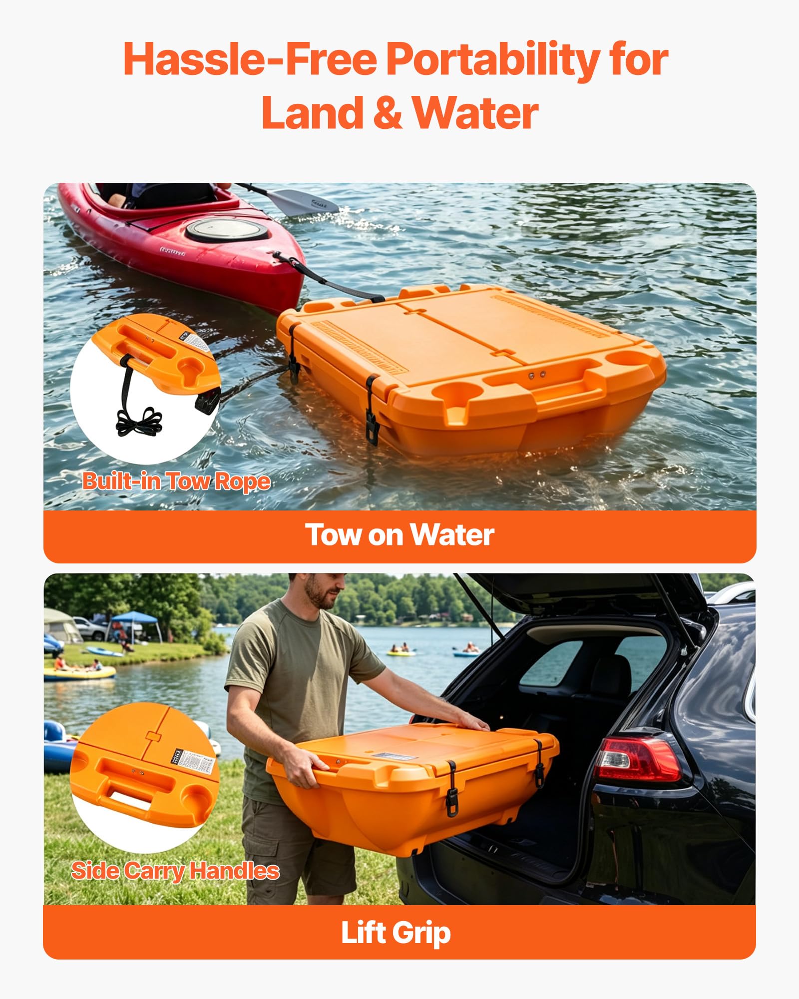 VEVOR Floating Cooler 40 QT Floating Ice Chest with Wheels & Tow Rope, Premium LLDPE Amphibious Beverage Cooler for Water & Land, Stable Cruising on Lake, River, Seashore, Beach, Kayak