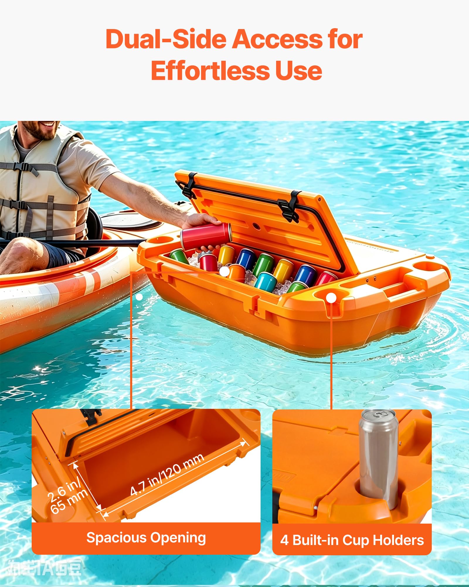 VEVOR Floating Cooler 40 QT Floating Ice Chest with Wheels & Tow Rope, Premium LLDPE Amphibious Beverage Cooler for Water & Land, Stable Cruising on Lake, River, Seashore, Beach, Kayak