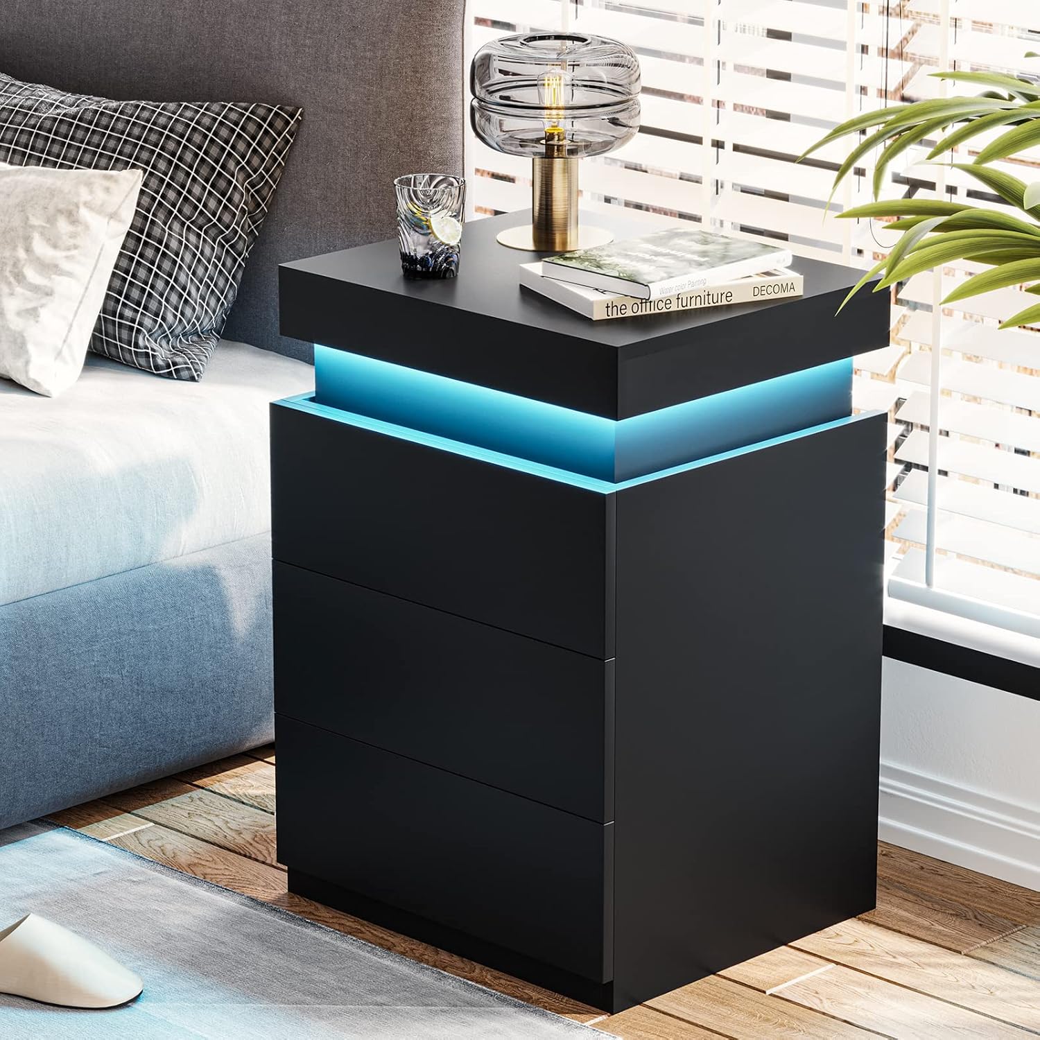 Black Nightstand with Charging Station and LED Lights | Modern Night Stand with Sliding Top,Bedside Table with Drawers,Bed Side Tables Bedroom