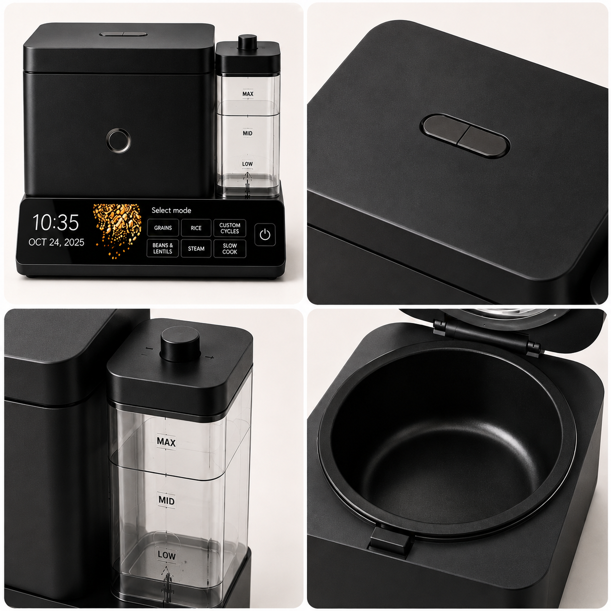 Cup Grain and Rice Cooker, Integrated Scale, Black Matte | Automatically Sensing Grain-to-Liquid Ratio, Removable Steamer Basket, Water tank, 21 Preset Cooking Options,