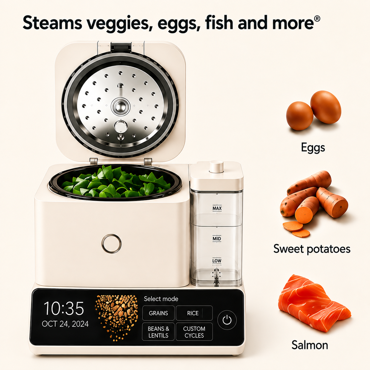 Cup Grain and Rice Cooker, Integrated Scale, Black Matte | Automatically Sensing Grain-to-Liquid Ratio, Removable Steamer Basket, Water tank, 21 Preset Cooking Options,