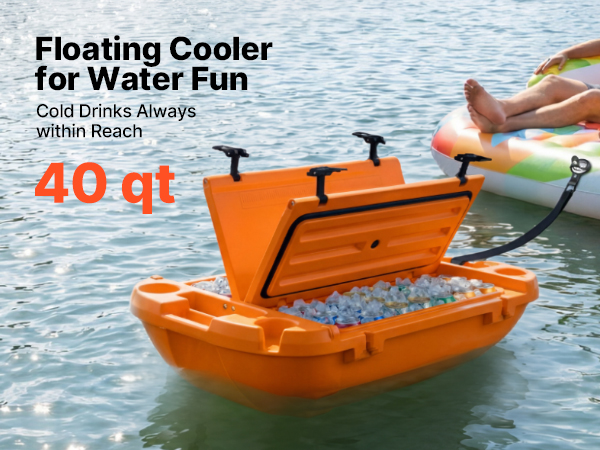 VEVOR Floating Cooler 40 QT Floating Ice Chest with Wheels & Tow Rope, Premium LLDPE Amphibious Beverage Cooler for Water & Land, Stable Cruising on Lake, River, Seashore, Beach, Kayak