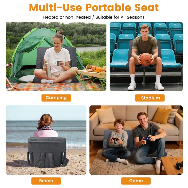 Unisex Warm Heated Stadium Seat with Back & Arm Support, 3-Level Temperature Control, 6 Recline Positions, Secure Straps, Fits Bleachers for Outdoor Sporting Events, Hiking