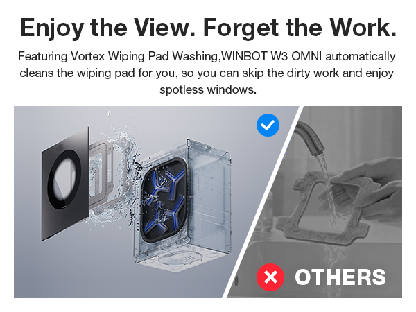 Window cleaning robot with self-cleaning vortex wiping pad