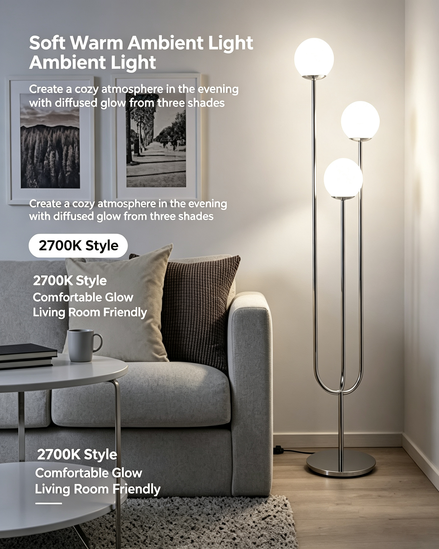 Soft warm ambient glow at 2700K warm tone generating gentle diffused brightness creating comfy atmosphere beside sofa