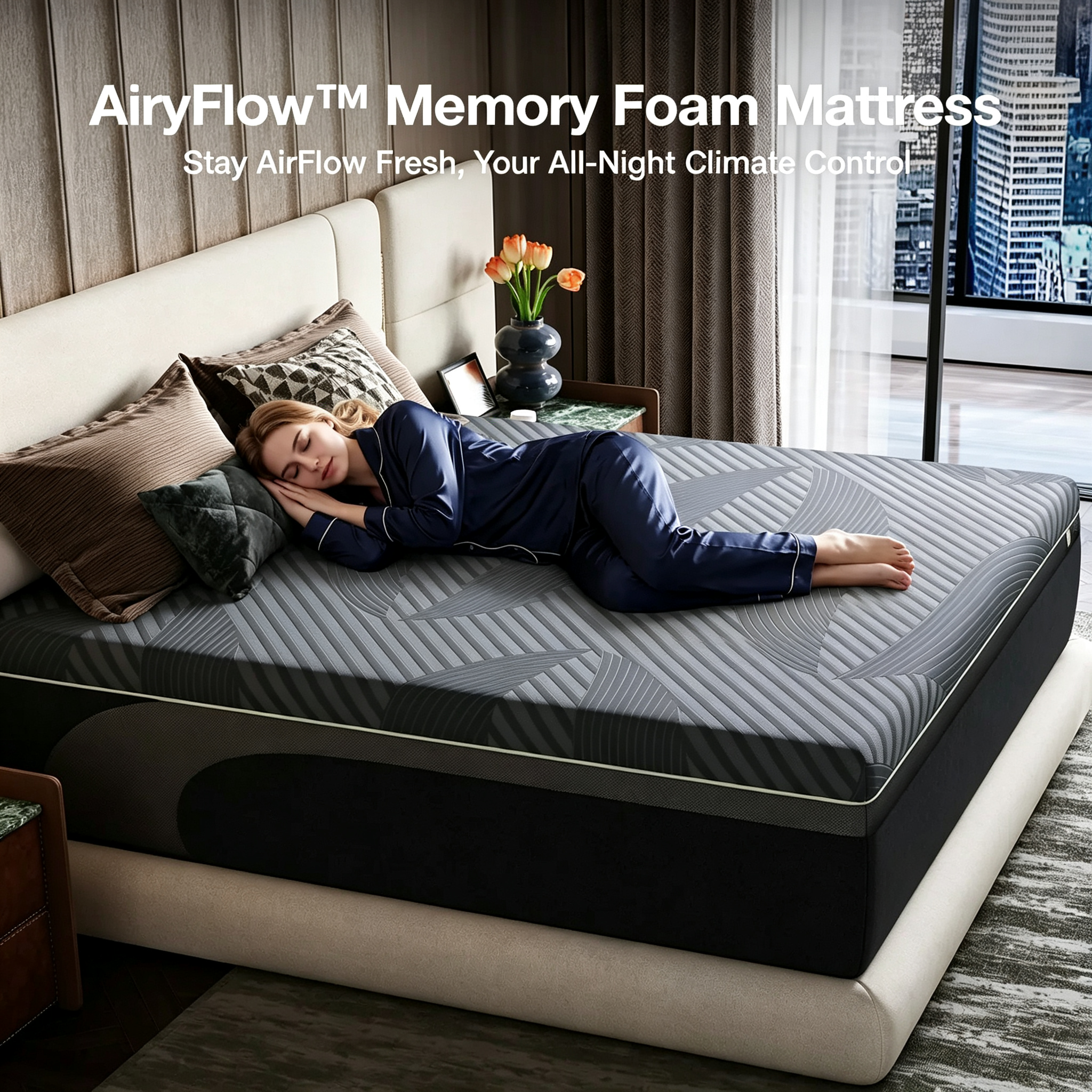 AiryFlow cooling memory foam mattress shown in a luxury bedroom with a woman sleeping peacefully, dark gray textured mattress surface with geometric pattern on a modern platform bed