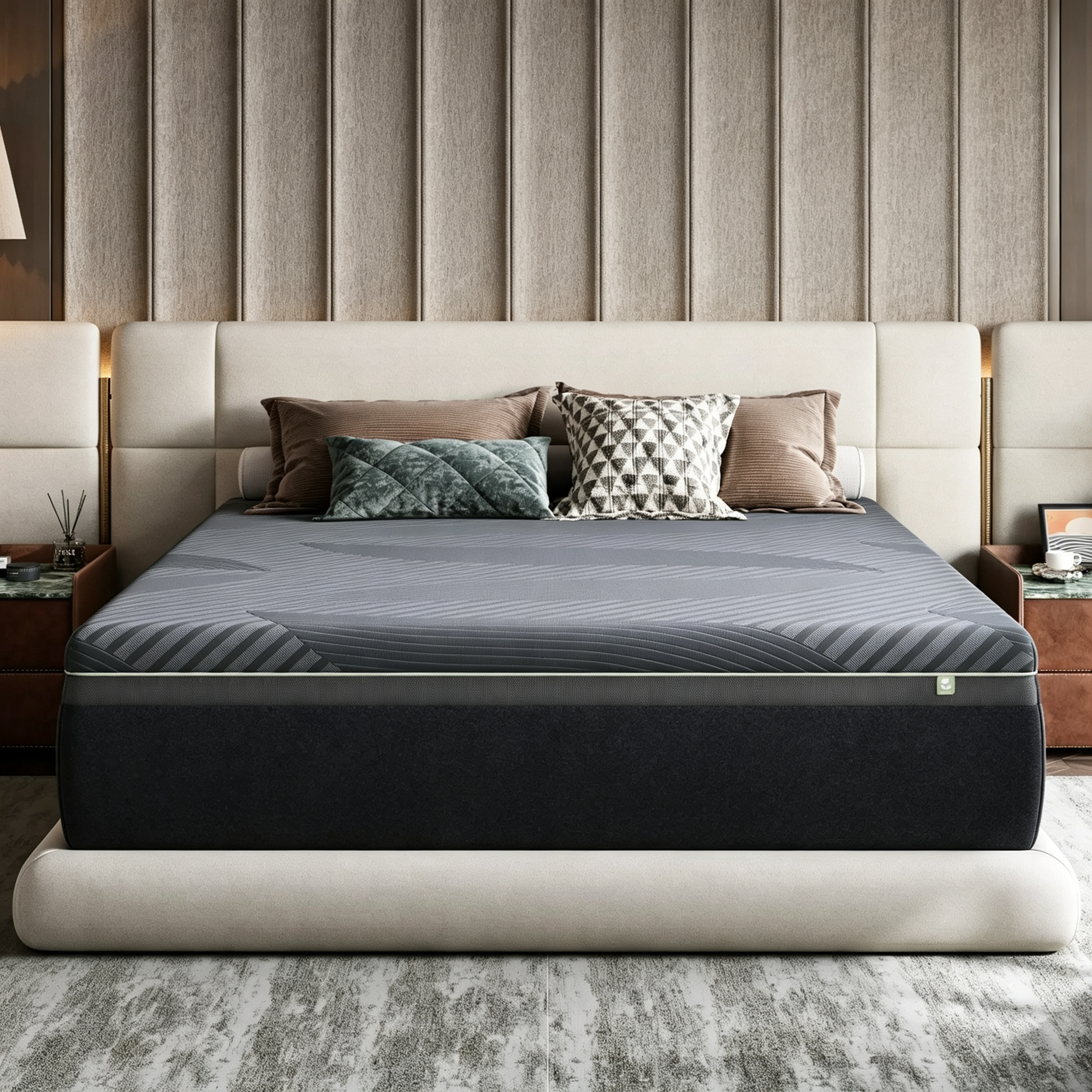 Sleek modern appearance of the AiryFlow mattress with streamlined dark gray textured surface fitting perfectly on a modern bed frame in a stylish bedroom