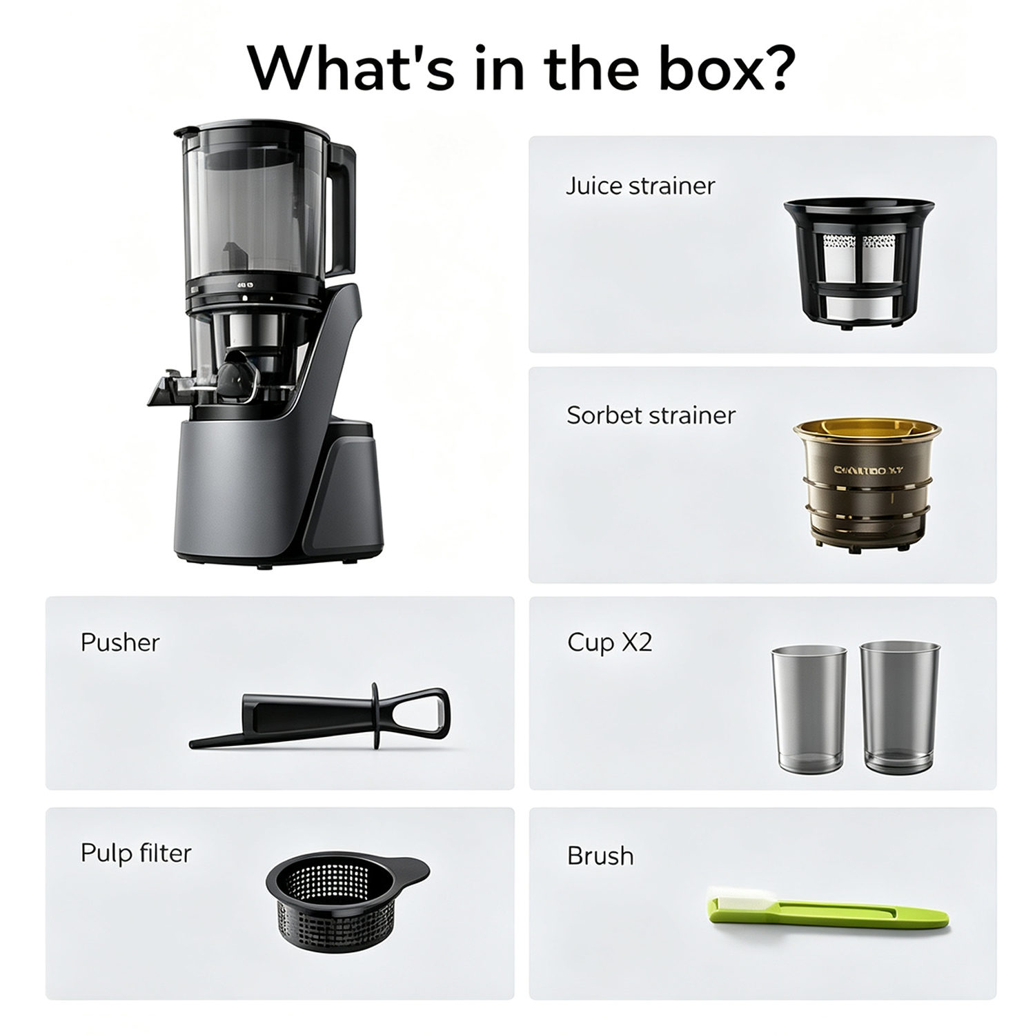Complete accessories included with the juicer