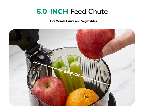 6.0-inch wide feed chute fits whole fruits and vegetables