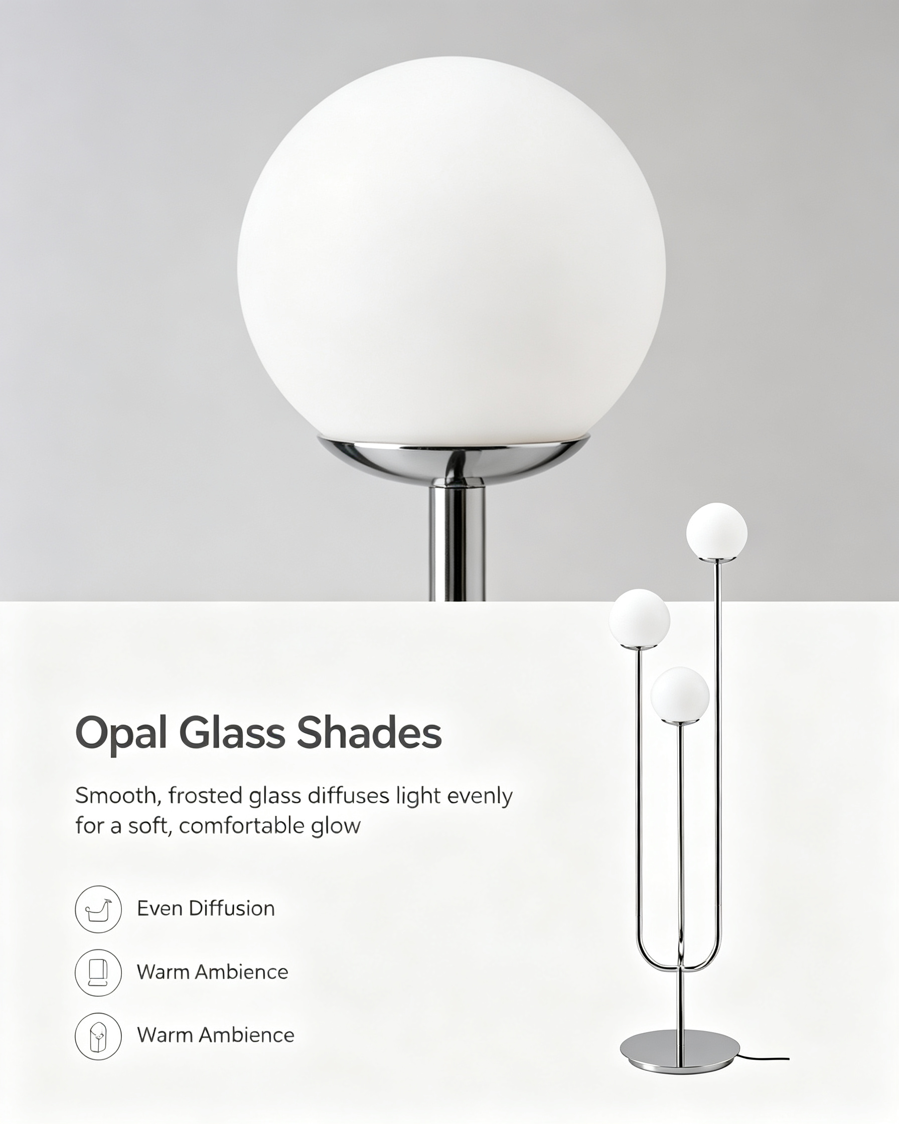 Premium opal glass shades with smooth frosted surface diffusing light evenly and eliminating harsh glare for eye-friendly room illumination