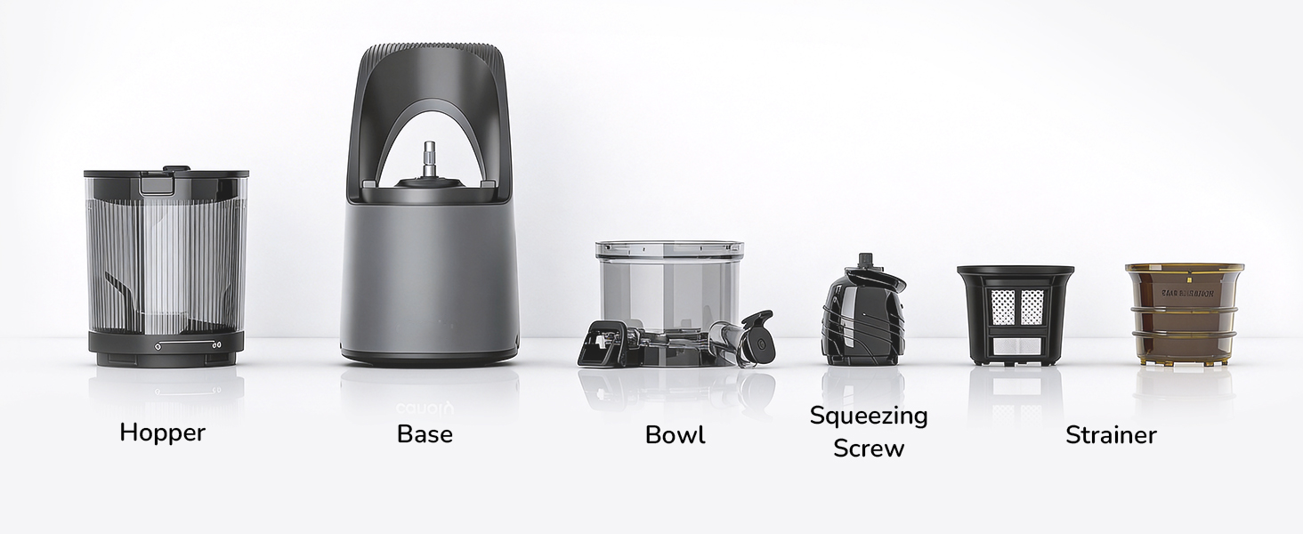 All parts fully detachable including hopper, base, bowl, squeezing screw and strainers