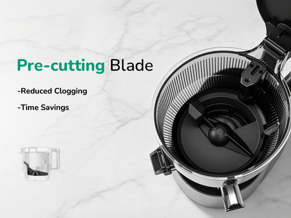 Built-in pre-cutting blade reduces clogging and saves prep time
