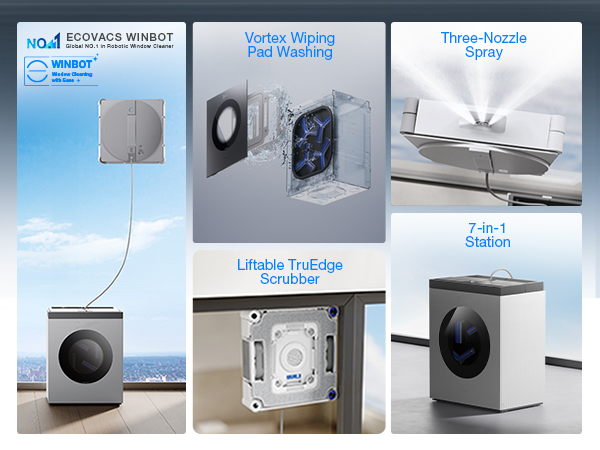 All-in-one window cleaning system with 7-in-1 station