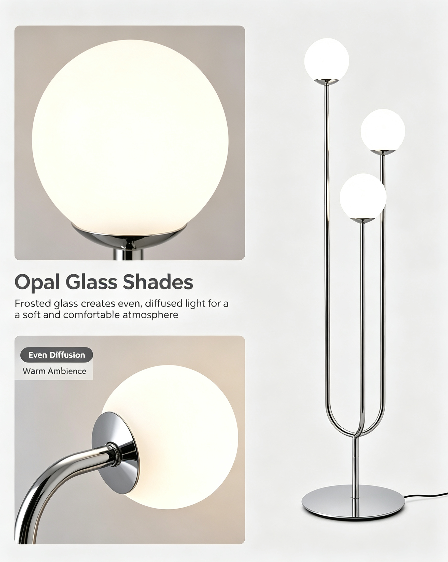 Diffused gentle light output with high-quality frosted glass covering each bulb spreading light all-round without hot spots