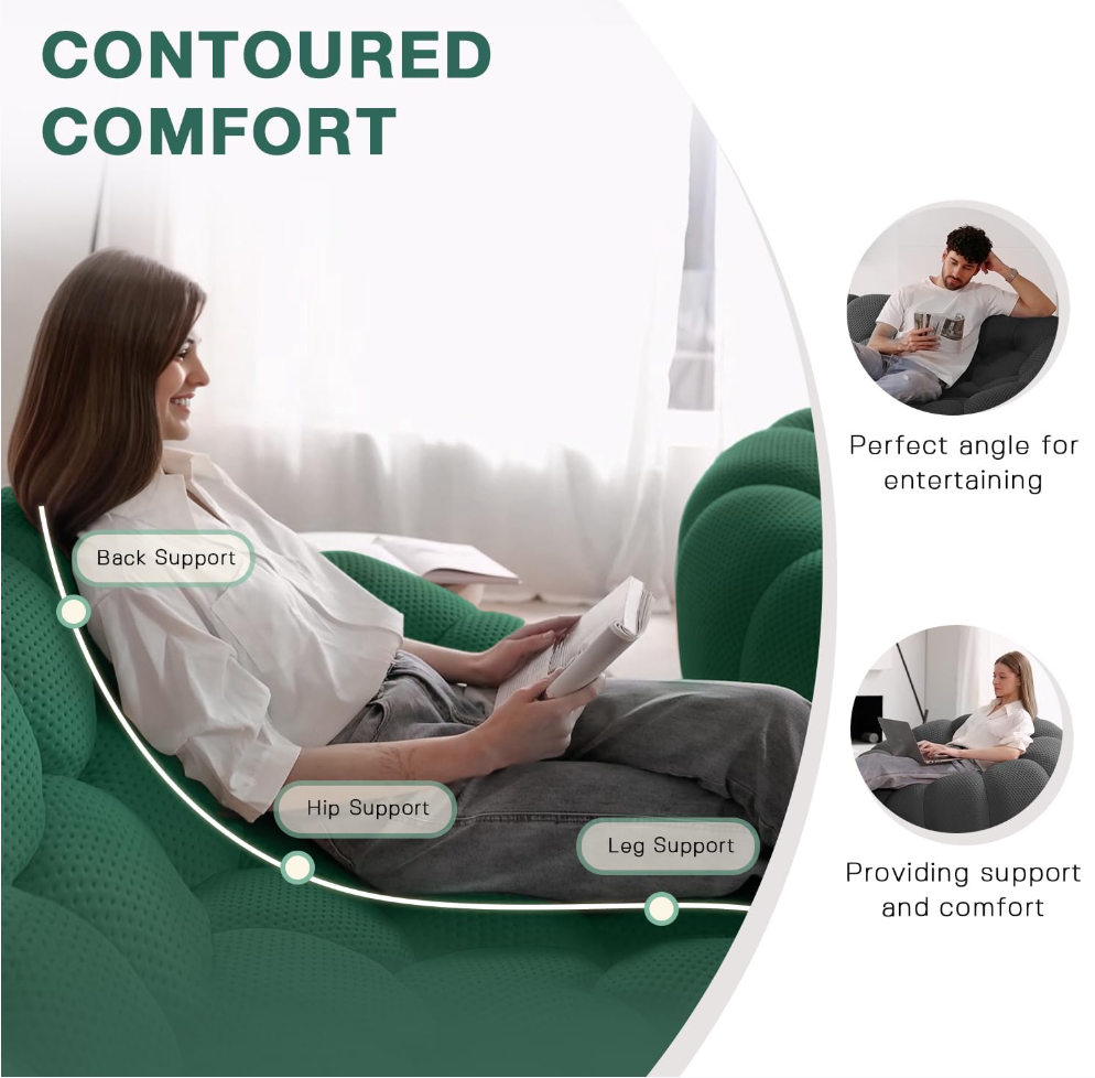 Ergonomic body support diagram showing contoured curved bubble sofa design providing targeted support for back, hips, and legs