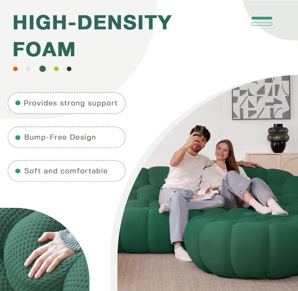 Cross-section view of high-density foam core inside the bubble sofa showing premium long-lasting firm support material