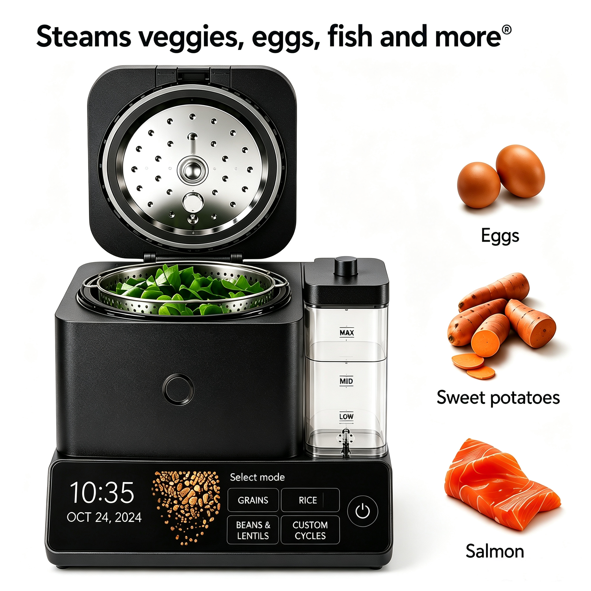 Cup Grain and Rice Cooker, Integrated Scale, Black Matte | Automatically Sensing Grain-to-Liquid Ratio, Removable Steamer Basket, Water tank, 21 Preset Cooking Options,