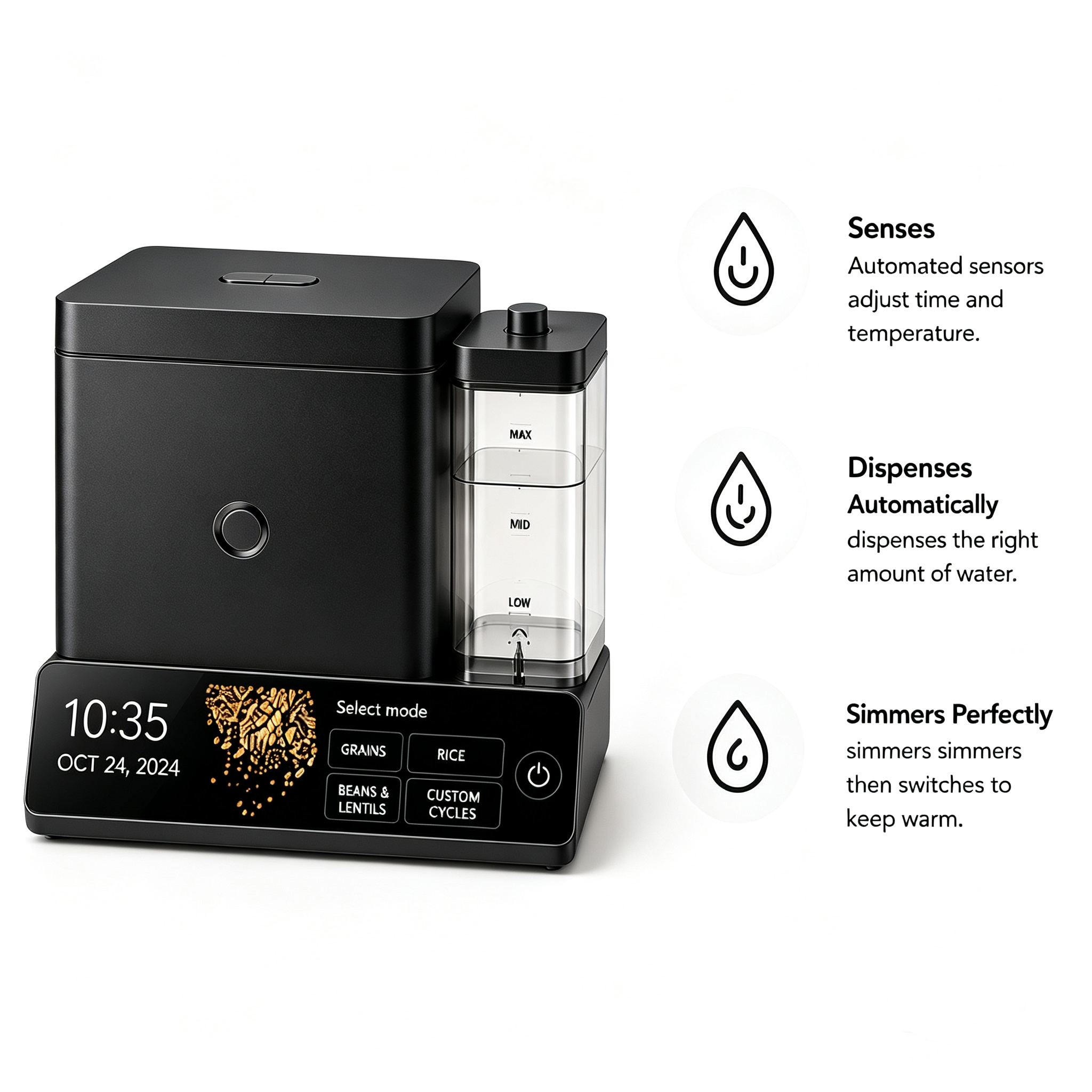 Cup Grain and Rice Cooker, Integrated Scale, Black Matte | Automatically Sensing Grain-to-Liquid Ratio, Removable Steamer Basket, Water tank, 21 Preset Cooking Options,