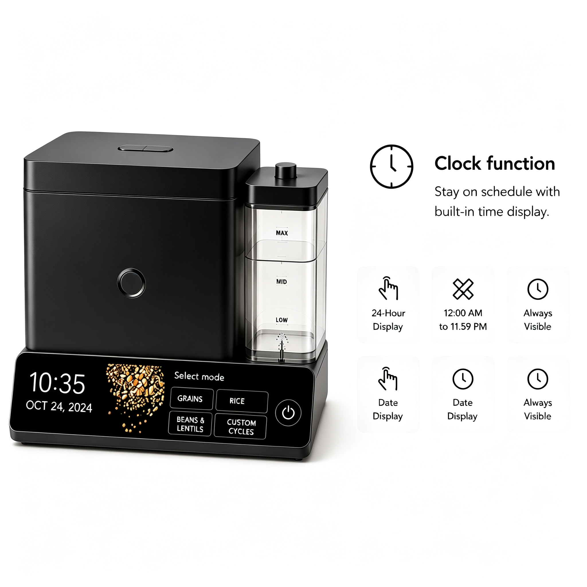 Cup Grain and Rice Cooker, Integrated Scale, Black Matte | Automatically Sensing Grain-to-Liquid Ratio, Removable Steamer Basket, Water tank, 21 Preset Cooking Options,