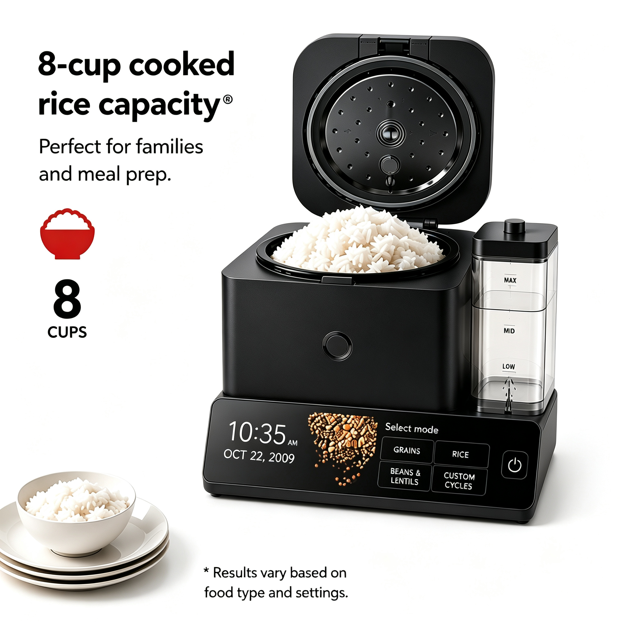 Cup Grain and Rice Cooker, Integrated Scale, Black Matte | Automatically Sensing Grain-to-Liquid Ratio, Removable Steamer Basket, Water tank, 21 Preset Cooking Options,