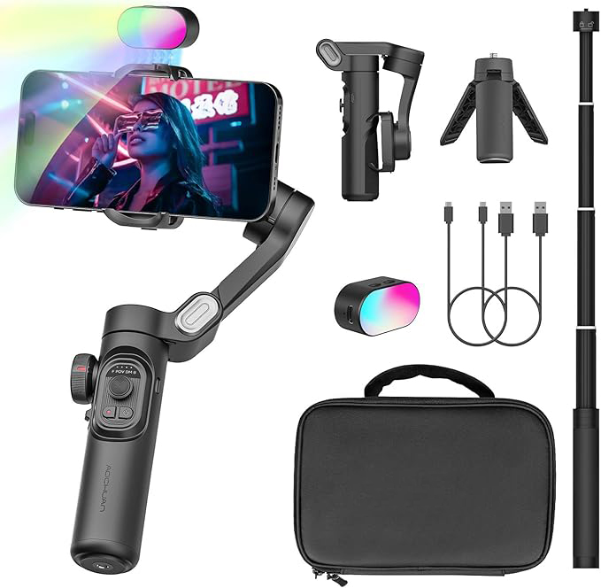  Phone Gimbal Stabilizer for iPhone 15 Pro Max Android Phones with Extension Rod 3-Axis Phone Gimbal Stabilizer with Follow Focus for Vlogging TikTok YouTube(Smart XE Combo1)