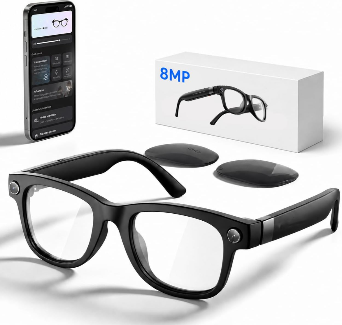 AI Smart Glasses with Camera and Bluetooth –  Camera Glasses for Men & Women, Video Recording Glasses with Continuous Voice Assistant, AI Translation, IP54, for Travel, Work, Music, Vlog