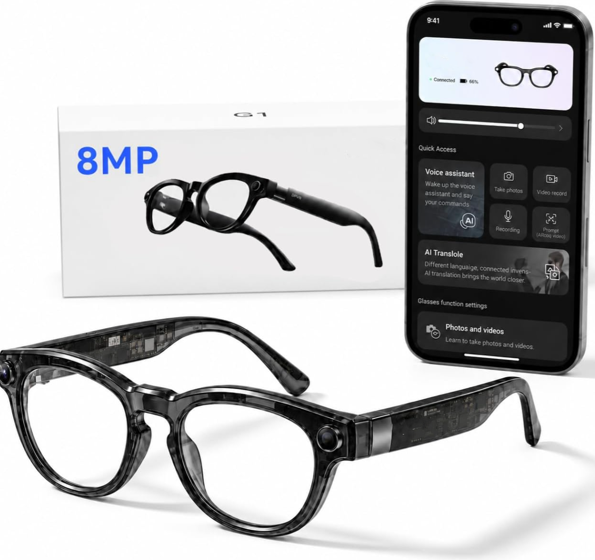 AI Smart Glasses with Camera and Bluetooth –  Camera Glasses for Men & Women, Video Recording Glasses with Continuous Voice Assistant, AI Translation, IP54, for Travel, Work, Music, Vlog
