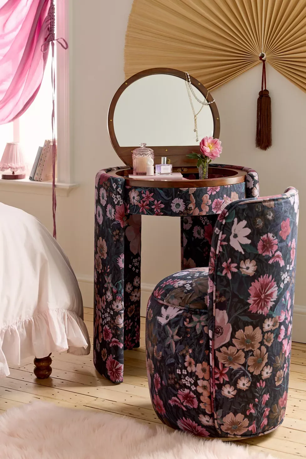 Jane Mirror Vanity with Fold-Down Hidden Round Mirror