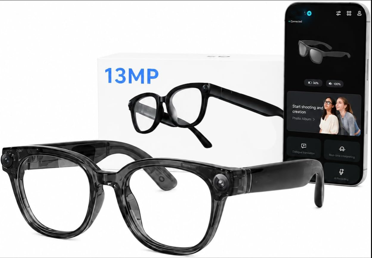AI Smart Glasses with Camera and Bluetooth –  Camera Glasses for Men & Women, Video Recording Glasses with Continuous Voice Assistant, AI Translation, IP54, for Travel, Work, Music, Vlog
