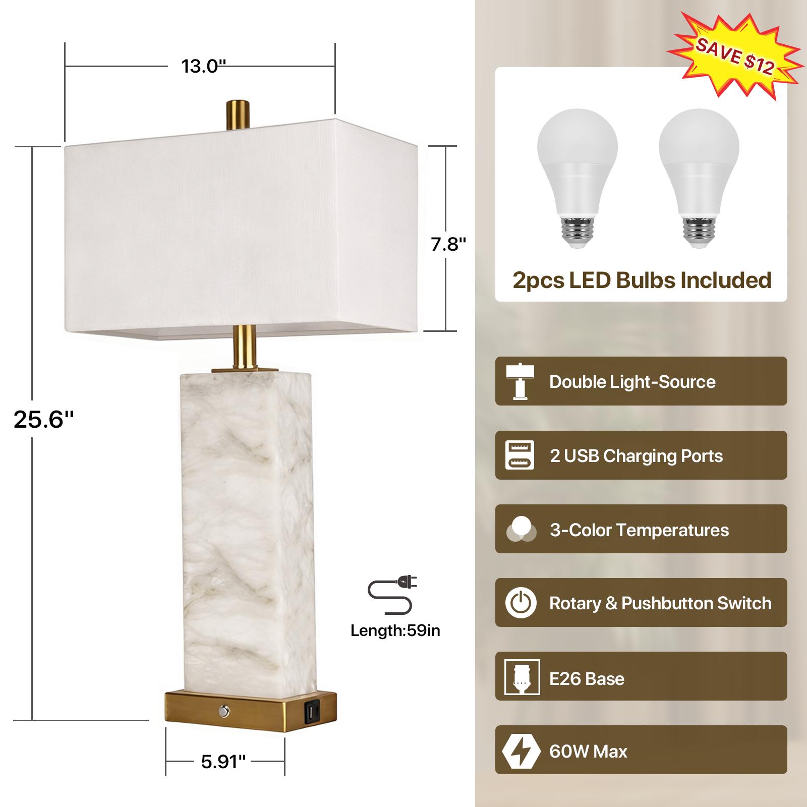 DEMILARE 2-Piece Natural Marble Alabaster LED Table Lamp Sets - 3-Color Temperature, Nightlight Mode, Fastcharging USB Ports, AC Power Supply, Adjustable Modern Artistic Novelty Led Light for Home Bedroom House Decor,BackToSchool