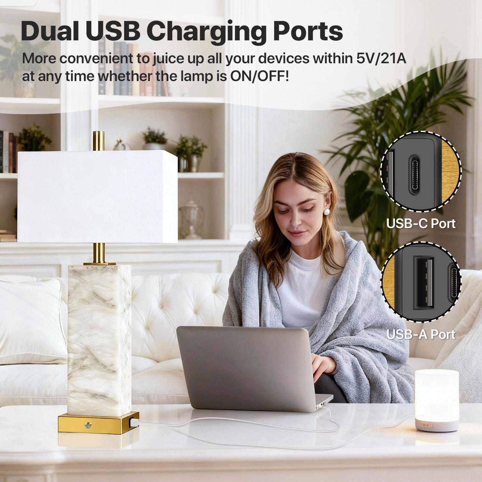 DEMILARE 2-Piece Natural Marble Alabaster LED Table Lamp Sets - 3-Color Temperature, Nightlight Mode, Fastcharging USB Ports, AC Power Supply, Adjustable Modern Artistic Novelty Led Light for Home Bedroom House Decor,BackToSchool